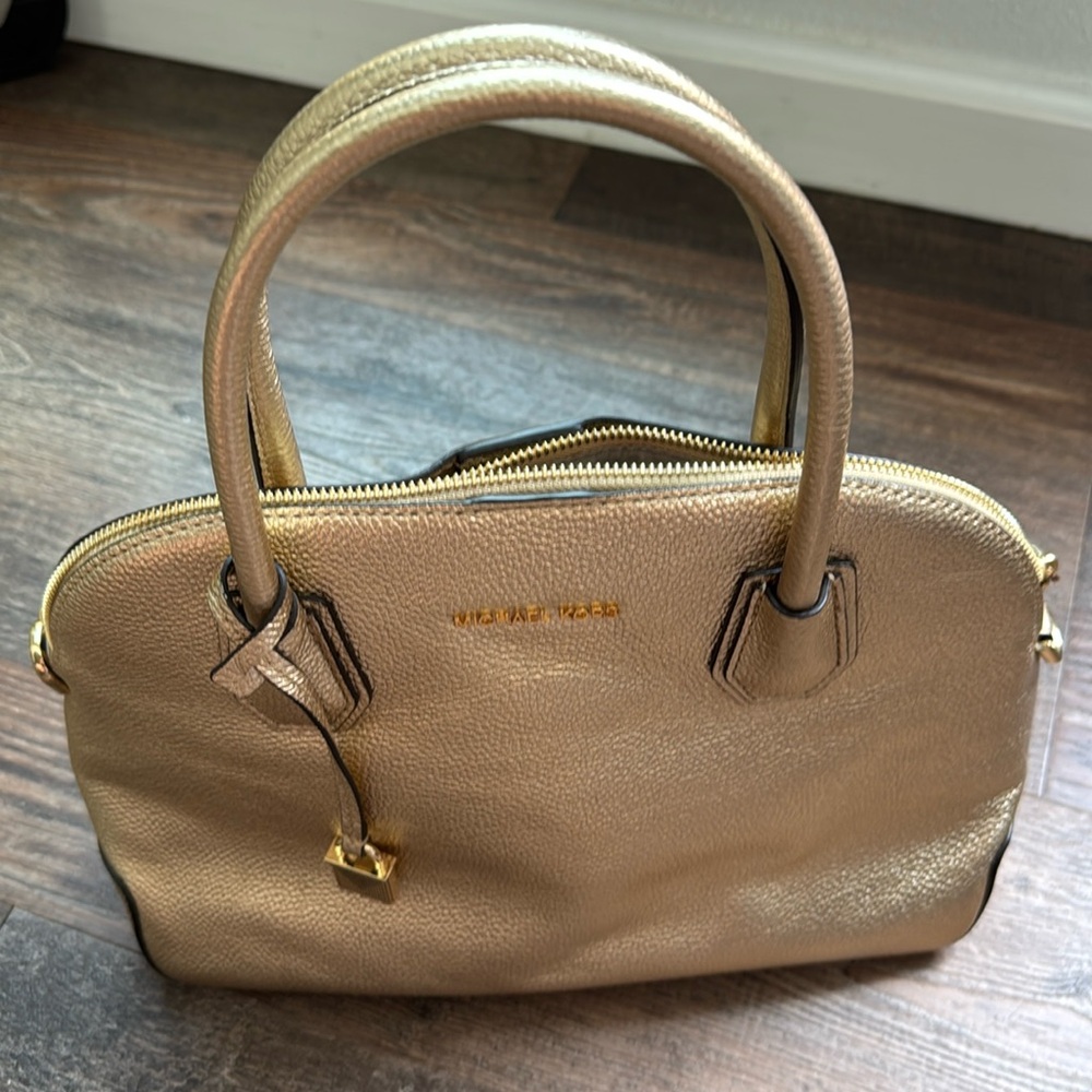 MICHAEL MICHAEL KORS
Mercer Large Metallic Leather Dome Satchel Bag  Gold